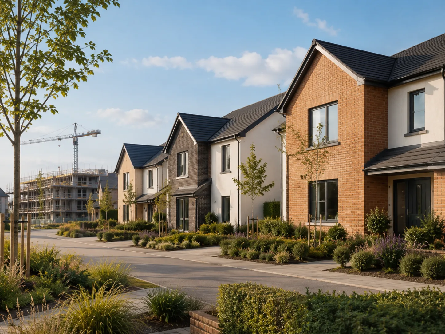 Modern Irish homes on a landscaped street with construction continuing nearby